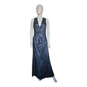 REDEMPTION | Metallic Blue / Black V Neck Long Dress in Size IT 42 / US 6